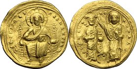 Romanus III, Argyrus (1028-1034). AV Histamenon Nomisma, Constantinople mint. D/ Christ enthroned facing, wearing pallium and colobium and raising rig...