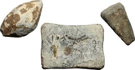 Leads from Ancient World. Multiple lot of three (3) unclassified lead objects. PB. g. 135.6; g. 47.92; g. 34.63.