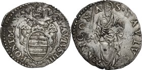 Ancona. Paolo IV (1555-1559). Giulio. CNI tav. VII, 8. M. 41 Berm. 1046. AG. g. 3.14 mm. 28.00 BB/BB+.