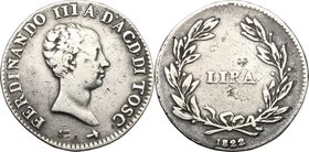 Firenze. Ferdinando III di Lorena Granduca (1814-1824). Lira 1822. CNI 22. MIR 438/2. Gal VI, 2. AG. g. 3.83 mm. 21.70 R. qBB.