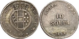 Firenze. Ferdinando III di Lorena Granduca (1814-1824). Mezza lira da 10 soldi 1823. CNI 29. MIR 439/2. Gal. VII, 2. AG. g. 1.85 mm. 17.00 R. Bel BB.