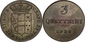 Firenze. Leopoldo II di Lorena (1824-1859). 3 quatttrini 1838. CNI 61. MIR 464/11. Gal. XXII, 11. MI. g. 1.84 mm. 21.50 SPL.