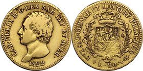 Regno di Sardegna. Carlo Felice (1821-1831). 20 lire 1822 Torino. Pag. 46. Mont. 31. AU. mm. 21.00 RR. qBB.