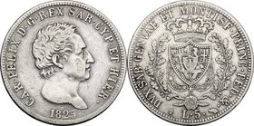 Regno di Sardegna. Carlo Felice (1821-1831). 5 lire 1825 Torino. Pag. 69. Mont. 59. AG. mm. 37.00 qBB/BB.