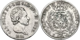 Regno di Sardegna. Carlo Felice (1821-1831). 5 lire 1826 Genova. Pag. 70. Mont. 62. AG. mm. 37.00 Colpetti al ciglio. qBB.