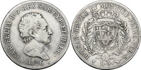 Regno di Sardegna. Carlo Felice (1821-1831). 5 lire 1826 Torino. Pag. 71. Mont. 61. AG. mm. 37.00 MB+/qBB.