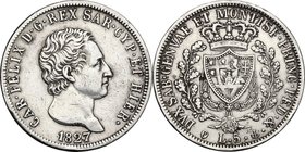 Regno di Sardegna. Carlo Felice (1821-1831). 5 lire 1827 Genova. Pag. 72. Mont. 64. AG. mm. 37.00 Colpetti al ciglio. qBB/BB.