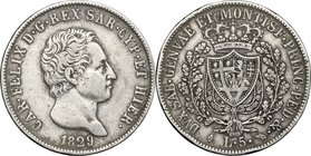 Regno di Sardegna. Carlo Felice (1821-1831). 5 lire 1829 Torino. Pag. 77. Mont. 67. AG. mm. 37.00 Colpetti al ciglio. qBB.
