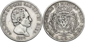 Regno di Sardegna. Carlo Felice (1821-1831). 5 lire 1830 Torino. Pag. 79a. Mont. 70. AG. mm. 37.00 R. Colpetti al ciglio. qBB.