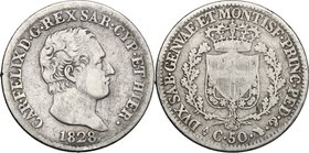 Regno di Sardegna. Carlo Felice (1821-1831). 50 centesimi 1828, Torino. Pag. 117. Mont. 115. AG. mm. 18.00 BB/qBB.