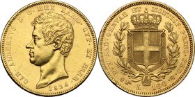 Regno di Sardegna. Carlo Alberto (1831-1849). 100 lire 1834, Torino. Pag. 139. Mont. 5. AU. mm. 34.00 Colpetto al ciglio. BB.