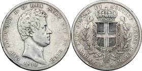 Regno di Sardegna. Carlo Alberto (1831-1849). 5 lire 1832 Torino. Pag. 232. Mont. 106. AG. mm. 37.00 NC. Colpetti al ciglio. MB+/qBB.