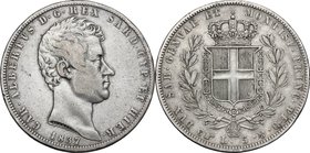 Regno di Sardegna. Carlo Alberto (1831-1849). 5 lire 1837 Torino. Pag. 242. Mont.116. AG. mm. 37.00 RR. qBB/BB.