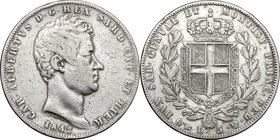 Regno di Sardegna. Carlo Alberto (1831-1849). 5 lire 1842 Genova. Pag. 251. Mont. 127. AG. mm. 37.00 qBB.