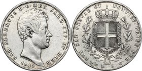 Regno di Sardegna. Carlo Alberto (1831-1849). 5 lire 1843 Genova. Pag. 253. Mont. 129. AG. mm. 37.00 qBB/BB.