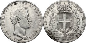 Regno di Sardegna. Carlo Alberto (1831-1849). 5 lire 1845 Genova. Pag. 257. Mont. 133. AG. mm. 37.00 qBB.