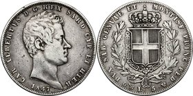 Regno di Sardegna. Carlo Alberto (1831-1849). 5 lire 1847 Genova. Pag. 261. Mont. 137. AG. mm. 37.00 qBB.