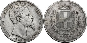 Regno di Sardegna. Vittorio Emanuele II, Re di Sardegna (1849-1861). 5 lire 1851 Torino. Pag. 373. Mont.42. AG. mm. 37.00 RR. MB+.