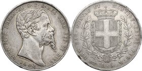 Regno di Italia. Vittorio Emanuele II, Re di Sardegna (1849-1861). 5 lire 1860 Torino. Pag. 389. Mont. 60. AG. mm. 37.00 RR. Colpetti sul ciglio BB.