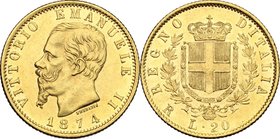 Regno di Italia. Vittorio Emanuele II, Re d'Italia (1861-1878). 20 lire 1874 Roma. Pag. 471. Mont. 147. AU. mm. 21.00 R. SPL+/qFDC.