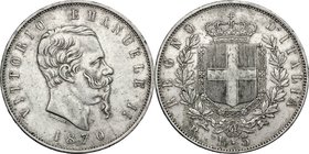 Regno di Italia. Vittorio Emanuele II, Re d'Italia (1861-1878). 5 lire 1870 Roma. Pag. 491. Mont. 173. AG. mm. 37.00 R. qBB.