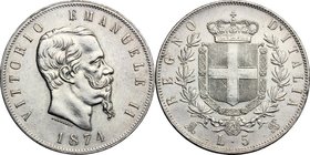Regno di Italia. Vittorio Emanuele II, Re d'Italia (1861-1878). 5 lire 1874 Milano. Pag. 498. Mont. 182. AG. mm. 37.00 Bel BB+/qSPL.