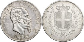 Regno di Italia. Vittorio Emanuele II, Re d'Italia (1861-1878). 5 lire 1877 Roma. Pag. 502. Mont. 189. AG. mm. 37.00 Fondi lucenti. SPL+/qFDC.