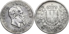 Regno di Italia. Vittorio Emanuele II, Re d'Italia (1861-1878). Lira 1863 T. Pag. 515. Mont. 203. AG. mm. 23.00 R. BB.