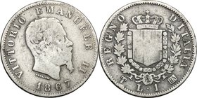 Regno di Italia. Vittorio Emanuele II, Re d'Italia (1861-1878). Lira 1867 T. Pag. 519. Mont. 205. AG. mm. 23.00 RR. qBB.