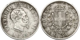 Regno di Italia. Vittorio Emanuele II, Re d'Italia (1861-1878). 50 centesimi 1862 Napoli. Pag. 523. Mont. 213. AG. mm. 18.00 R. qBB.