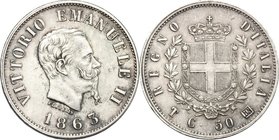Regno di Italia. Vittorio Emanuele II, Re d'Italia (1861-1878). 50 centesimi 1863 Torino. Pag. 526. Mont. 214. AG. mm. 18.00 NC. BB/BB+.