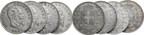 Regno di Italia. Vittorio Emanuele II, Re d'Italia (1861-1878). Lotto di 4 monete da 5 lire, Milano: 1869, 1870 1871 e 1872. AG. mm. 37.00 qBB:BB.