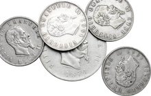 Regno di Italia. Vittorio Emanuele II, Re d'Italia (1861-1878). Lotto di 5 monete: 5 lire 1874 Milano, 2 lire (stemma) 1863 Napoli, 2 lire (stemma)186...