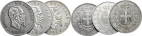 Regno di Italia. Vittorio Emanuele II, Re d'Italia (1861-1878). Lotto di 3 monete da 5 lire: 1875 Milano,1876 Roma e 1877 Roma. AG. mm. 37.00 BB:qSPL.