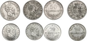 Regno di Italia. Vittorio Emanuele II, Re d'Italia (1861-1878). Lotto di 4 monete: 50 centesimi 1863 Milano (stemma), 50 centesimi 1863 Milano (valore...
