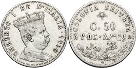 Colonia Eritrea. Umberto I (1890-1896). 50 centesimi 1890. Pag. 637. Mont.87. AG. mm. 18.00 Bel BB.