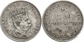 Colonia Eritrea. Umberto I (1890-1896). 50 centesimi 1890. Pag. 637. Mont. 87. AG. mm. 18.00 RR. BB+.
