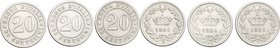 Regno di Italia. Umberto I (1878-1900). Lotto di 3 monete da 20 centesimi : 1894 Roma, 1895 Berlino e 1895 Roma. NI. qSPL/SPL.