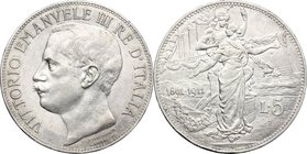 Regno di Italia. Vittorio Emanuele III (1900-1943). 5 lire 1911. Pag. 707. Mont. 110. CU. mm. 30.00 R. Leggerissimi segnetti al ciglio. BB+.