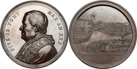 Pio IX (1846-1878), Giovanni Mastai Ferretti. Medaglia A. XXX. D/ PIVS IX PONT MAX AN XXX. Busto con berrettino, mozzetta e stola a sinistra. R/ Vedut...