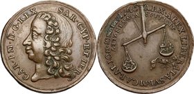 Alessandria. Carlo Emanuele III (1730-1773). Medaglia da 20 soldi 1746 per la liberazione della città. D/ CAR I M D G REX SAR CYP ET IER. Testa a sini...