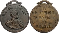 Brescia. Giuseppe Zanardelli (1826-1903), patriota. Medaglia celebrativa. D/ SUB LEGE LIBERTAS. Busto tre quarti a destra; ZANARDELLI su nastrino. R/ ...