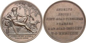 Roma. Angelo Secchi (1818-1878), astronomo. Medaglia dell'Accademia Tiberina, 1876. D/ Il Tevere, nudo, laureato, seduto a destra, tiene timone e spig...