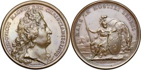 France. Luigi XIV (1643-1715). Medaglia 1696. D/ LUDOVICUS MAGNUS REX CHRISTIANISSIMUS. Testa a destra. R/ MARS IN HOSTILI SEDENS. Marte seduto a dest...