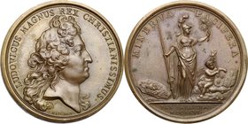 France. Luigi XIV (1643-1715). Medaglia 1696. D/ LUDOVICUS MAGNUS REX CHRISTIANISSIMUS. Testa a destra. R/ MINERVA PACIFERA. Minerva stante a destra t...