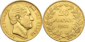 Belgium. Leopold I (1790-1865). 20 Francs 1865. Fr. 411. KM 23. AV. g. 6.40 mm. 21.50 Good VF.