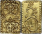 Japan. Edo Period (1603-1868). Nibu Ban Kin (2 Bu size gold), 1856-1960. 20 x 12 mm. Hartill 8.31. AV. g. 3.01 About EF.