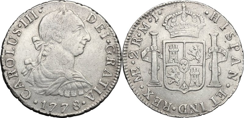 Peru'. Carlos III (1759-1788). 2 reales 1778 M J, Lima mint. Calico 1273. AR. g....