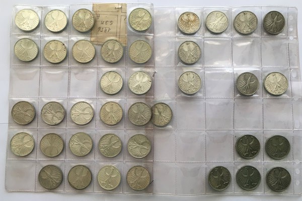 Monete e medaglie del mondo. Germania. Lotto di 39 monete da 5 marchi di differe...