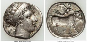 CAMPANIA. Neapolis. AR/AE fourrée didrachm (20mm, 6.04 gm, 6h). VF. ca. 350-325 BC. Head of the Siren Parthenope right, wearing broad headband / NEOΠO...